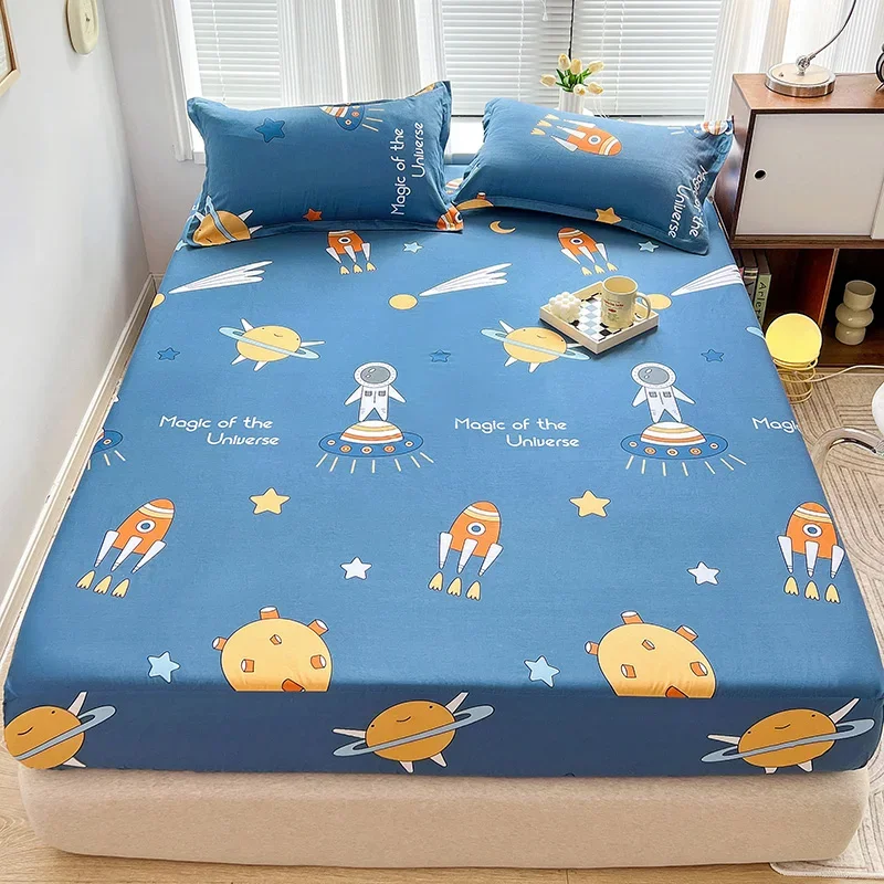 Cartoon Astronaut Fitted Sheet with 2 Pillowcase Cotton Outer Space Explorer Theme Rocket Star Print Bed Sheet Set for Kids Boys