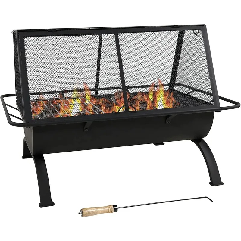 

36-Inch Northland Outdoor Rectangular Fire Pit with Cooking Grill, Poker, and Spark Screen - Black Finish