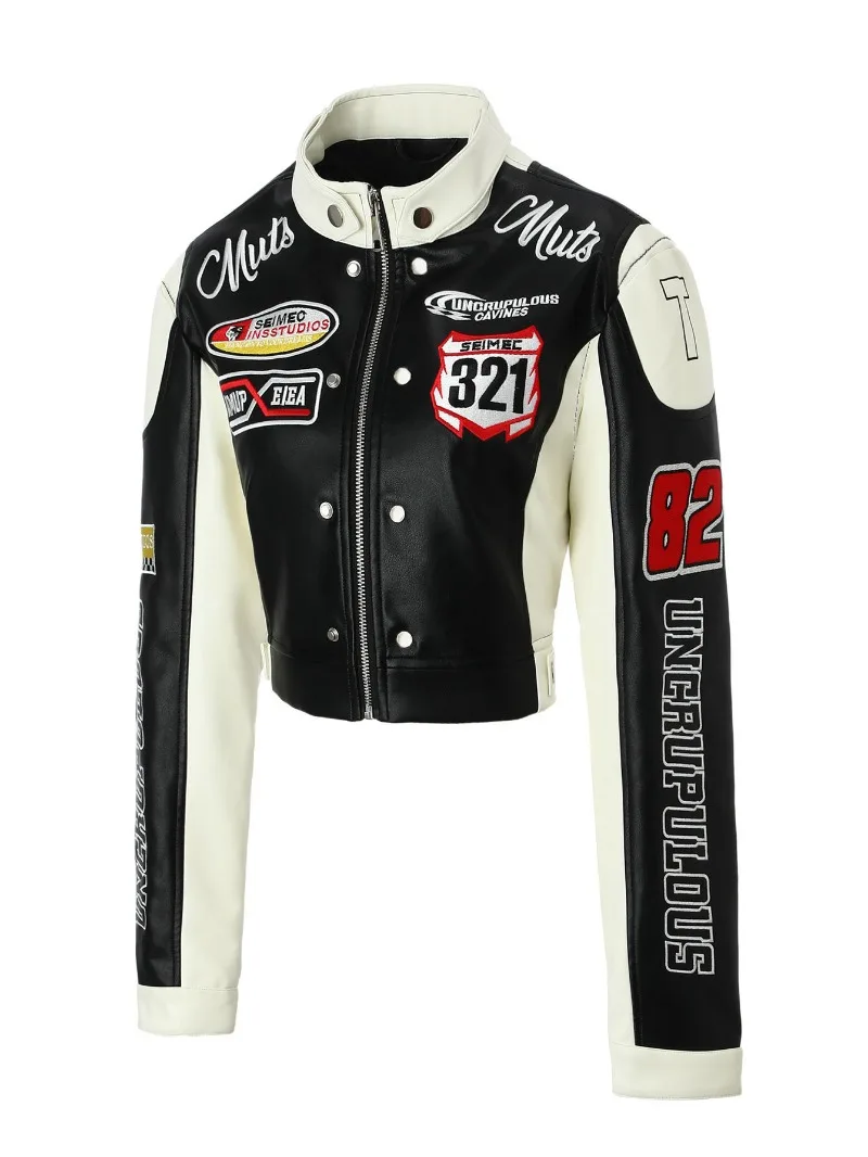 เสื้อแจ็คเก็ตนักขี่มอเตอร์ไซค์ปักลายคุณภาพสูงสำหรับผู้หญิง แจ็คเก็ตหนัง PU สั้นเท่ห์ สไตล์สตรีทแวร์ เสื้อโค้ทบอมเบอร์ เสื้อผ้าผู้หญิงแนวเรซซิ่ง