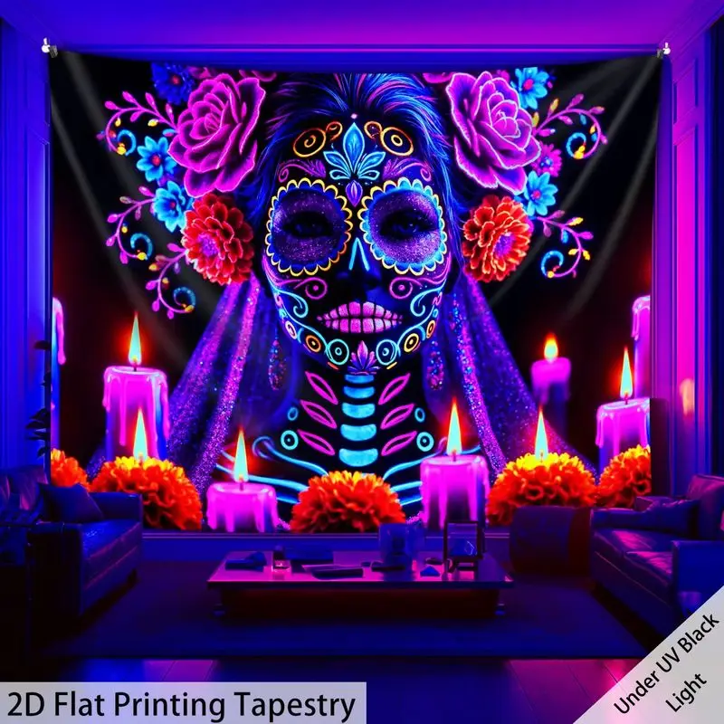 VIKAMA Glow In Dark Sugar Skull Floral Wall Hanging Tapestry Easy Install Fabric Banner Living Room Halloween Holiday Decor