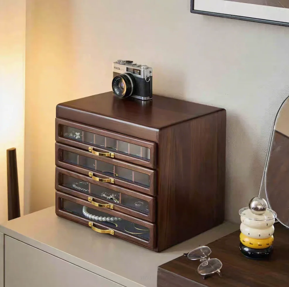 Solid Wood Jewelry Organizer 4-drawer Large Collection Cabinet Vintage Storage Box for Rings Earrings Necklace Watches Display