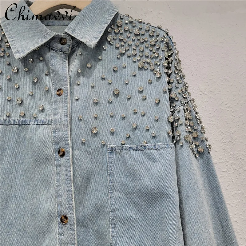 Denim Shirt Women\'s Exquisite Rhinestone Fashion Casual All-Match Shirt Autumn New European Loose Streetwear Long Sleeve Blouse