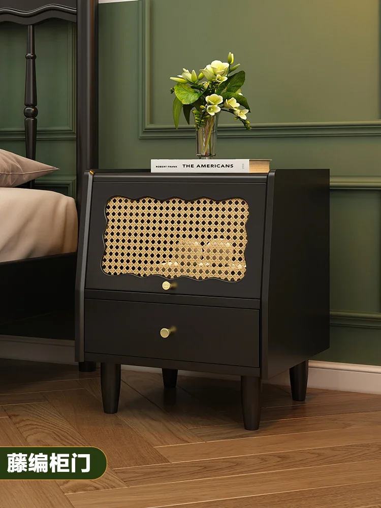 Bedside Table Solid Wood Bedroom Storage Stand Rattan Small Cabinet Small Bedside Locker