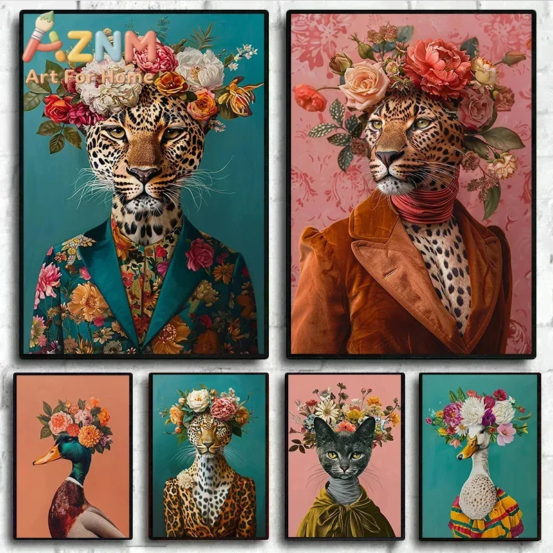 Colourful Flowery Animal Portrait Poster Cheetah Duck Cat Owl Prints Canvas Printing Wall Art Picture for Living Room Home Decor
