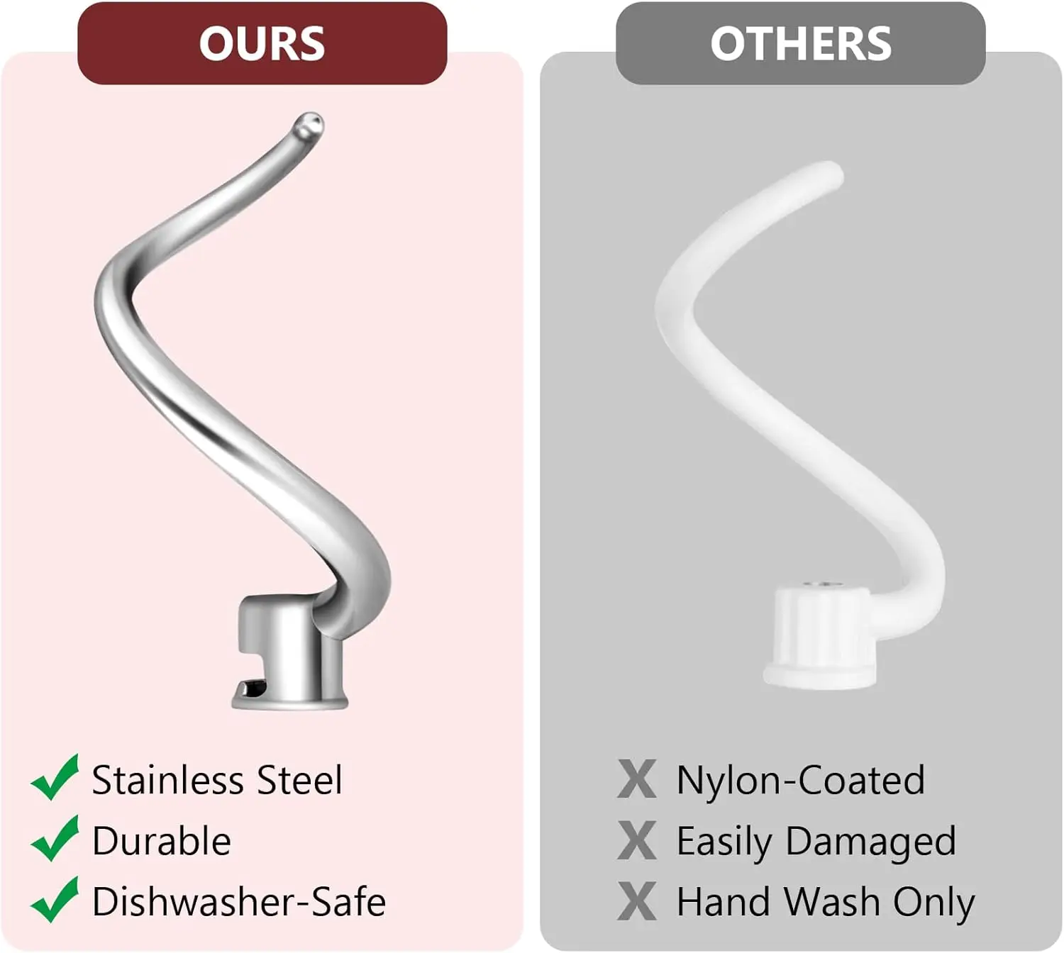 Dough Hook Replacement for KitchenAid 7QT Bowl-Lift Stand Mixers Spiral and Stainless Steel Dough Hook
