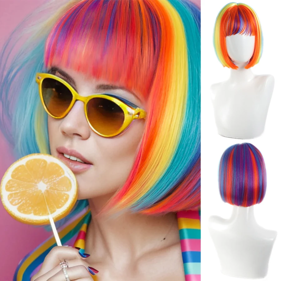 

Multicolor Rainbow Wig Short Bob Wig With Bangs Curly Wavy Synthetic Cosplay Wig For Women Girls