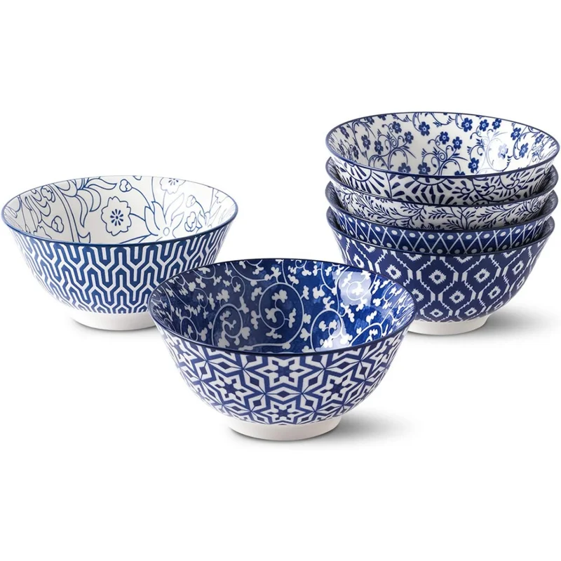 

Set of 6 Blue and White Porcelain Soup Bowls: 20oz 6-Inch Ceramic Cereal Bowls