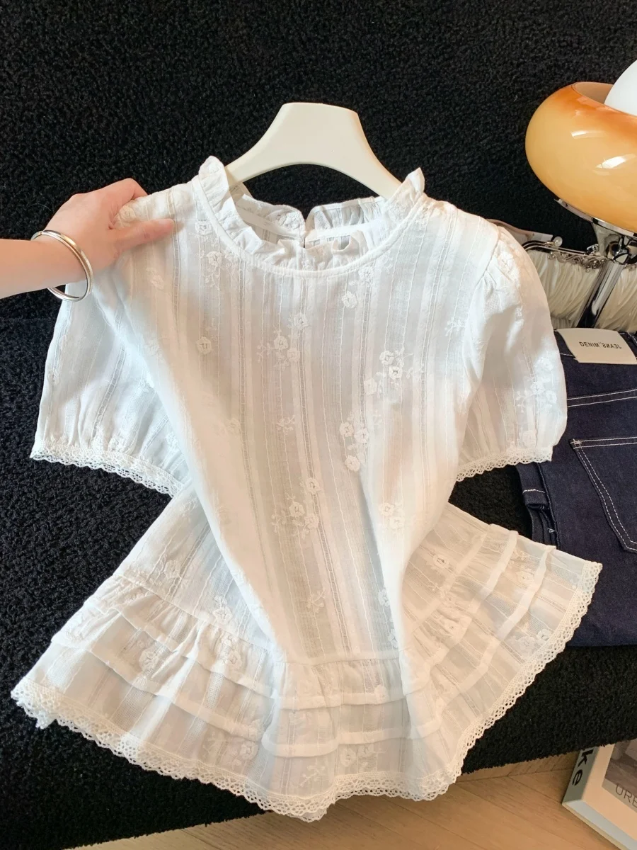 

Женская рубашка с кружевной цветочной вышивкой и воротником-стойкой, с коротким рукавом, летняя, белая, универсальная, из смесового хлопка и полиэстера