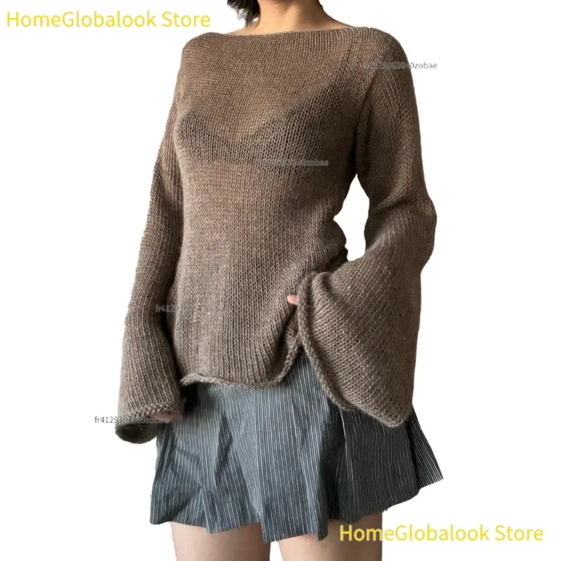 Maglione da donna alla moda con scollo a barchetta e maniche lunghe, pullover in maglia tinta unita con design a cordoncino sul retro, top in maglia casual per un look streetwear, elegante top in