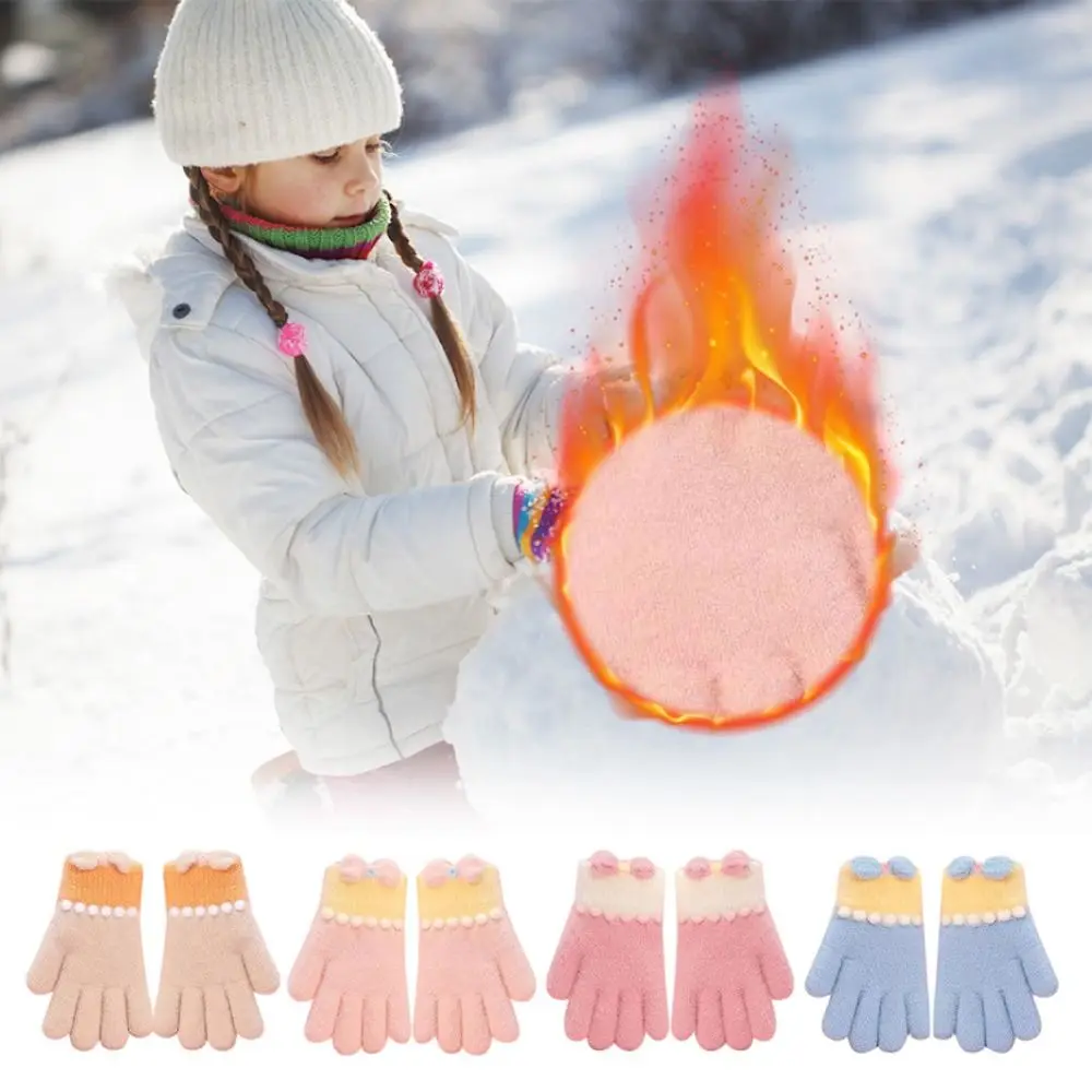 Cold Proof Autumn Winter Gloves Thickened Windproof Knitted Gloves Bow Full Finger Gloves Thermal Thick Snow Gloves