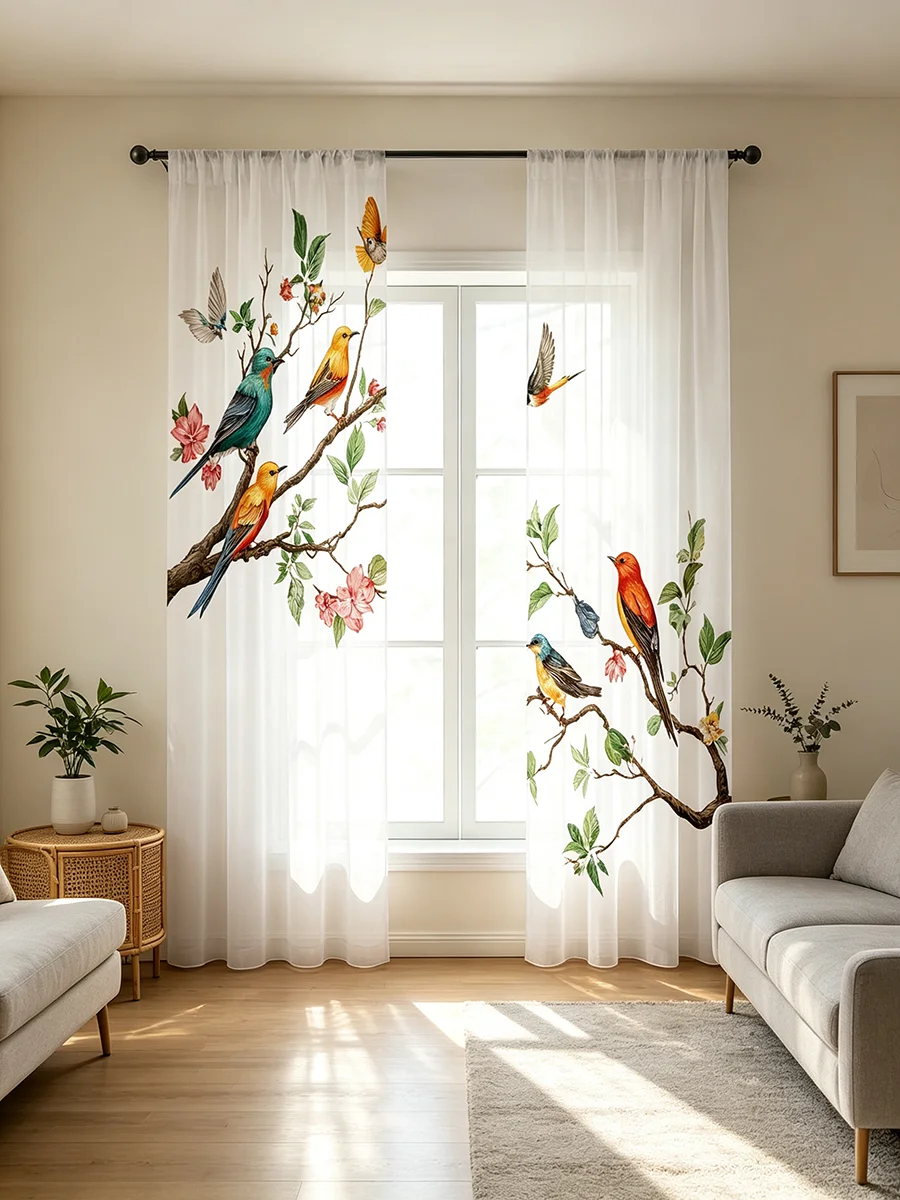 Home Office With Plants - 2PCS Colorful Bird Sheer Curtains, Flower
