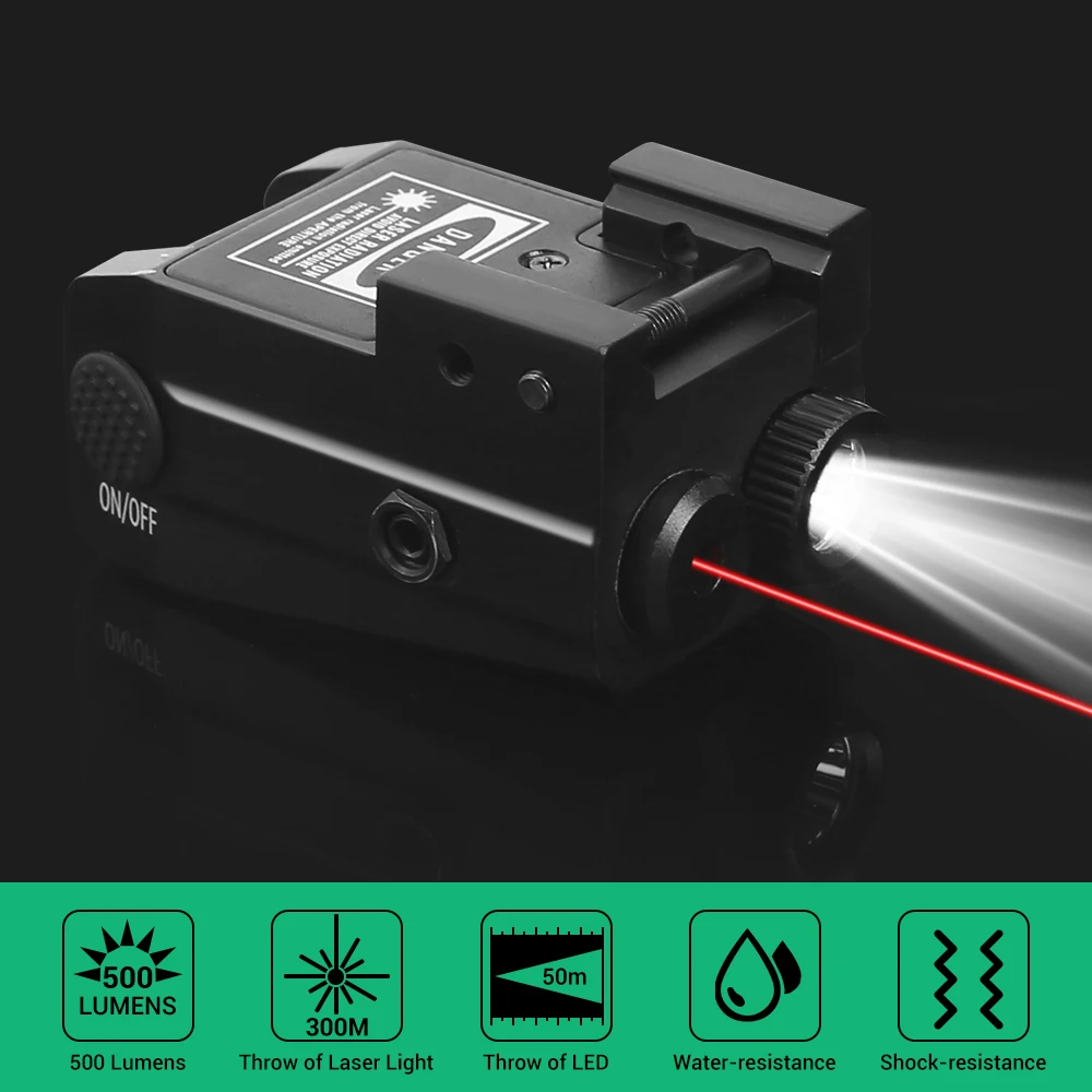 500 Lumens Pistol Flashlight Laser Combo USB Rechargeable Weapon Gun Light Red/Green Laser Beam Strobe Torch for 20mm Rail