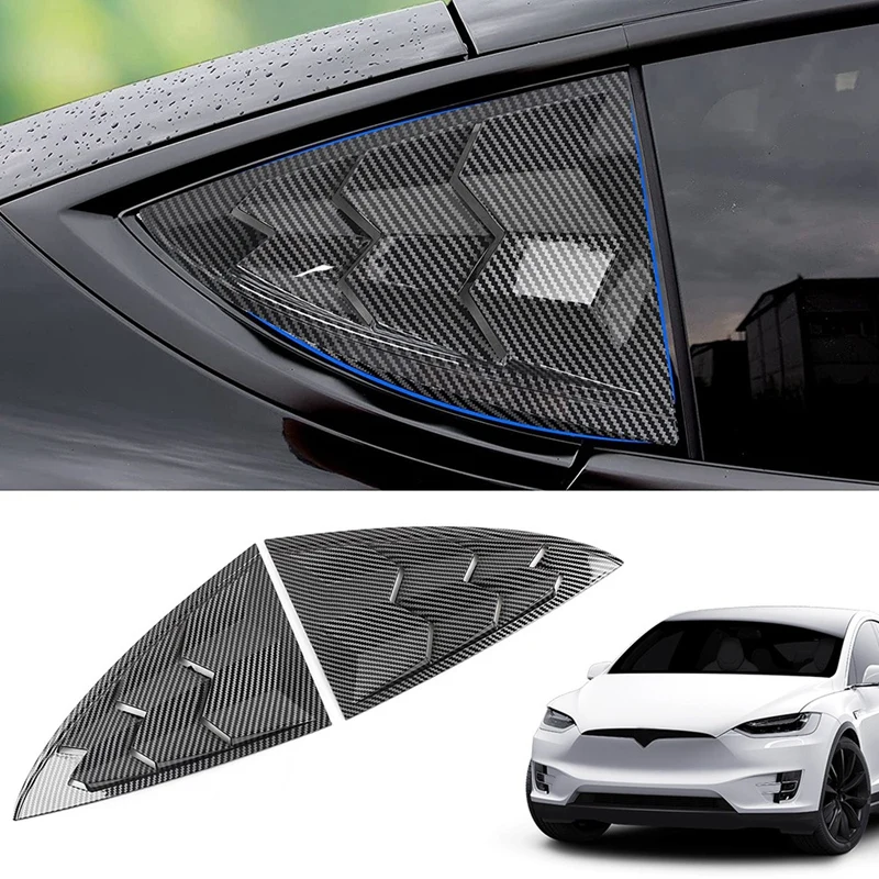 

2Pcs Sport Style Carbon Fiber Print Quarter Rear Window Louver Shutter Scoops For Tesla Model 3 2017-2021