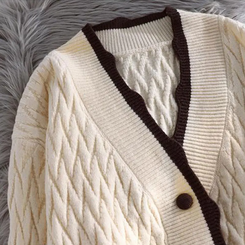 Beige Ribbed Knit Acrylic V-Neck Long Sleeve Loose Women\'s Cardigan Single Breasted Sweater Cardigan For Women Clothing 2024