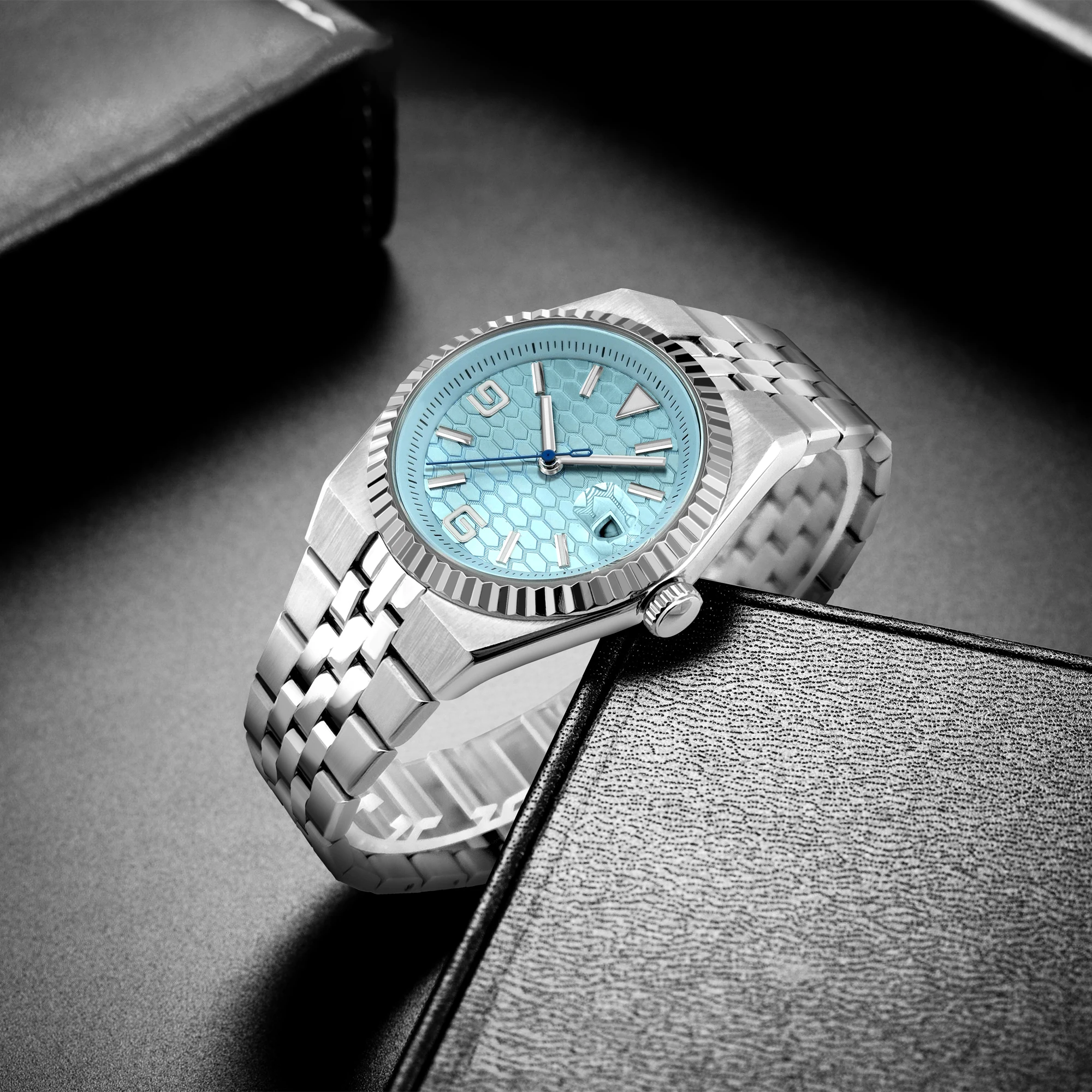 40 مللي متر الرجال مخصص ميوتا NH35 التلقائي Iceblue الأبيض الميكانيكية relogio masculino الياقوت الزجاج مضيئة مقاوم للماء ساعة اليد