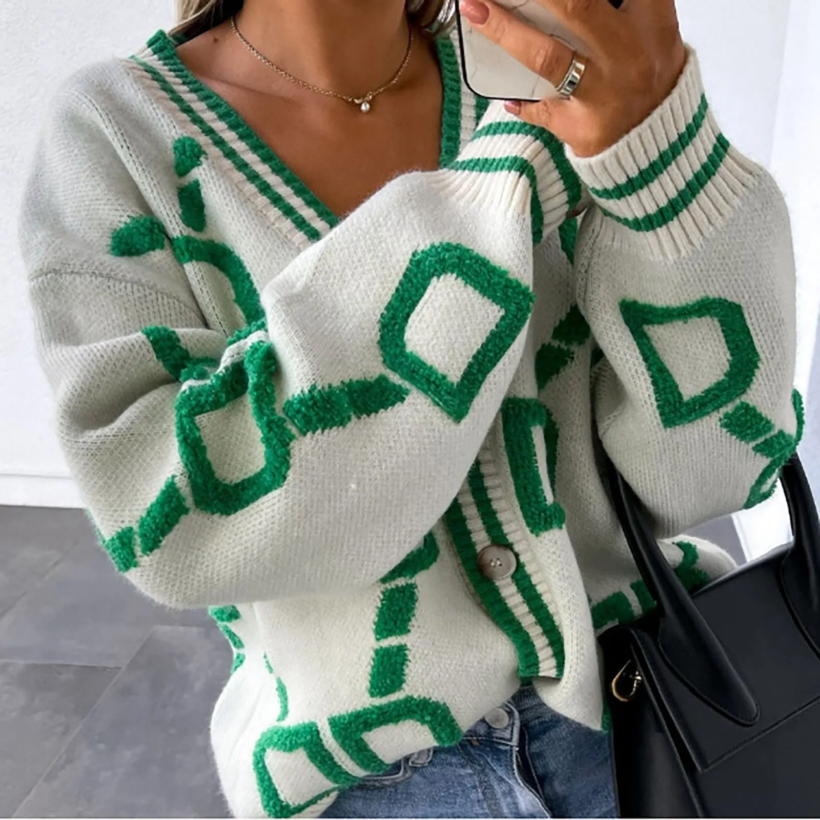 Women\'s Fashion V Neck Single Breasted Sweater Jacket Cardigan Vintage Loose Casual Long Sleeve Knitted Sweater Cardigan Jacket