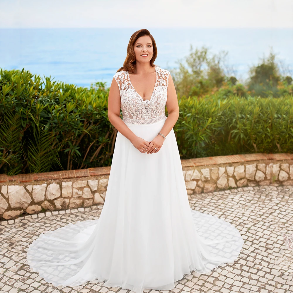 Classic Wedding Dresses Plus Size Women 2023 Sexy V-Neck Cap Sleeves Backless Bride Gowns A-Line Sweep Train فستان حفلات الزفاف