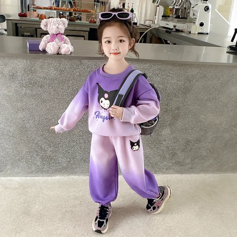 New Anime Sanrio Kuromi Cartoon Print Hoodies Sets for Girls Long Sleeved Top and Long Pant Children's Tracksuits Birthday Gifts