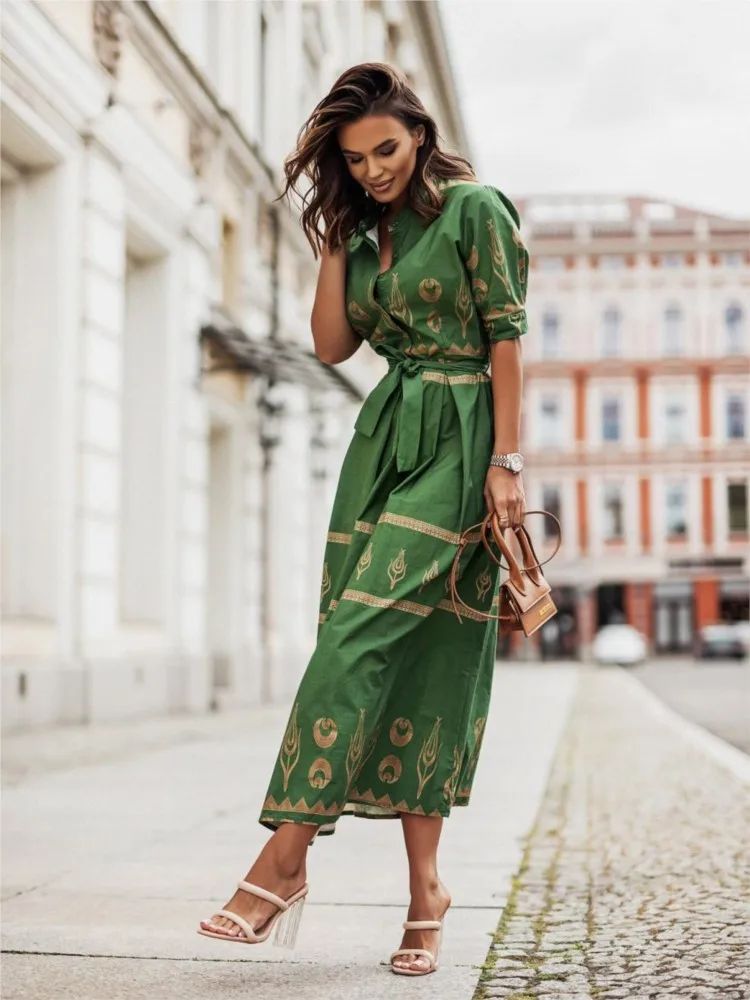 Spring Autumn Women\'s New Short Sleeve Fashion Positioning Flower Linen Lace Belt Mid Length Shirt Ankle Casual Dress