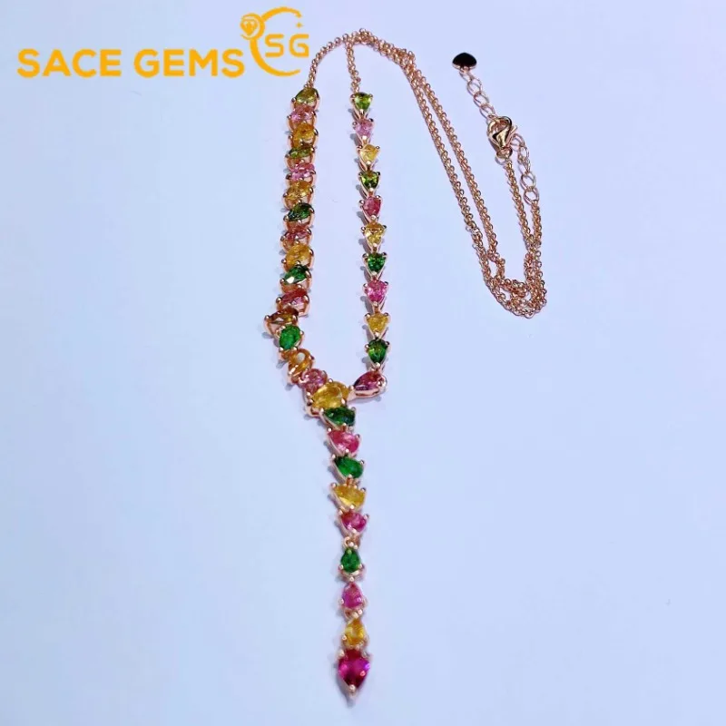 

SACE GEMS New S925 Sterling Silver 4*6MM Natual Tourmaline Pendant Necklaces for Womne Engagement Cocktail Party Fine Jewelry