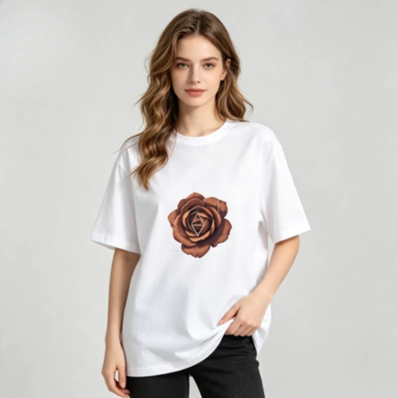 Women Cotton T-Shirt Brown Rose Geometric Triangle Graphic Tee Minimalist Floral Art Print Casual Crew Neck Short Sleeve Tops