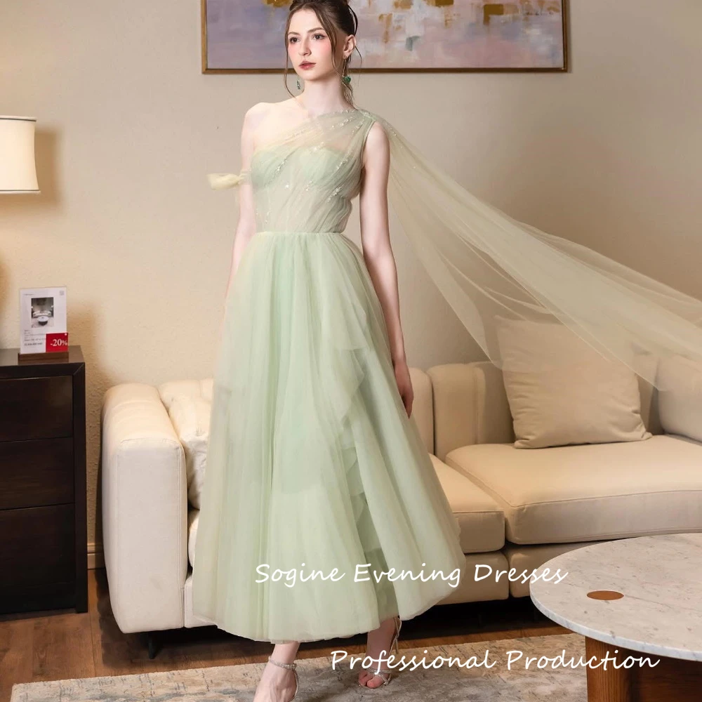 

Green One-Shoulder Tulle A-Line 이브닝 드레스 Ankle-Length Prom Dresses Corset Ruffles فساتين سهرة نسائية فخمه For Sexy Women Formal