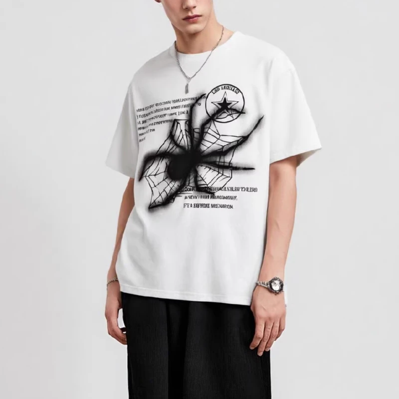 Punk Y2K Short Sleeved Men Spider Graphic Print Gothic Round Neck Pullover Loose and Comfortable Casual Tshirt for Summer Boys