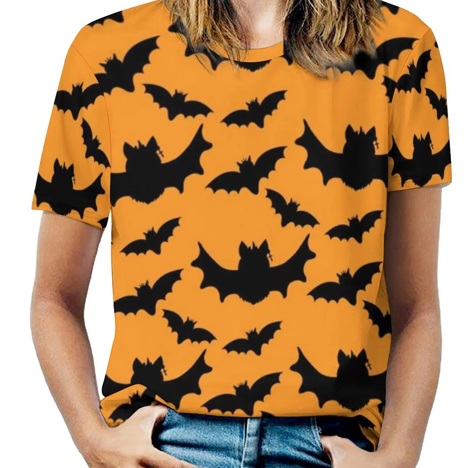 Camiseta de mujer con silueta de murciélago negro, camisetas con cuello redondo, camisetas de manga corta con estampado de dibujos animados de Halloween, camisetas gráficas Harajuku, camisetas informales