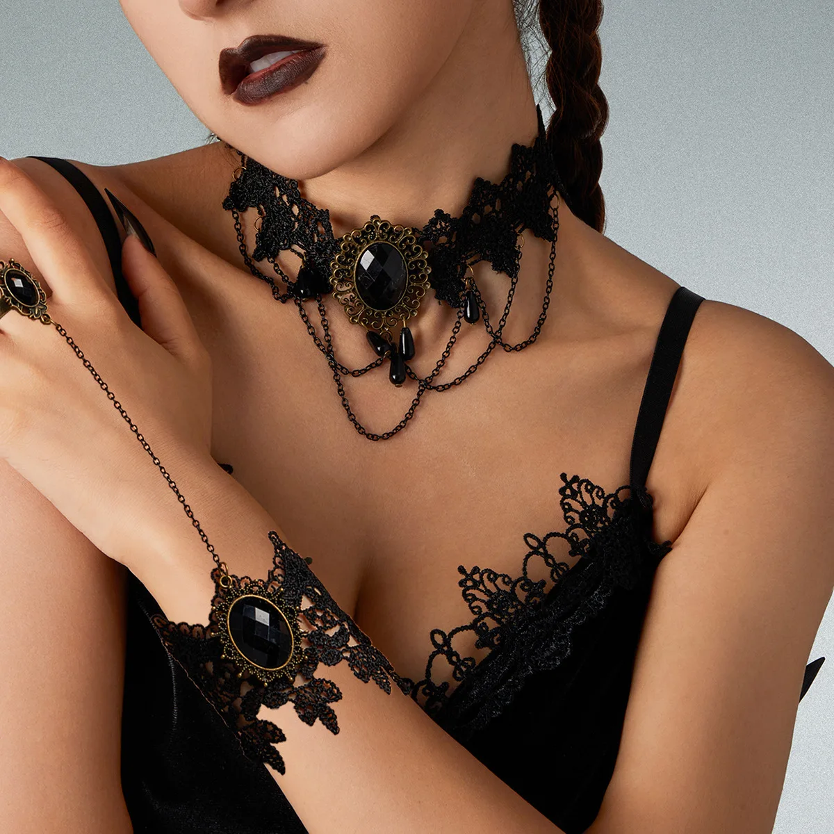 Choker Necklace Black Lace Crystal Tassel Flower Pendant Adjustable Gothic Dark Lightweight Durable Elegant Jewelry Women Party