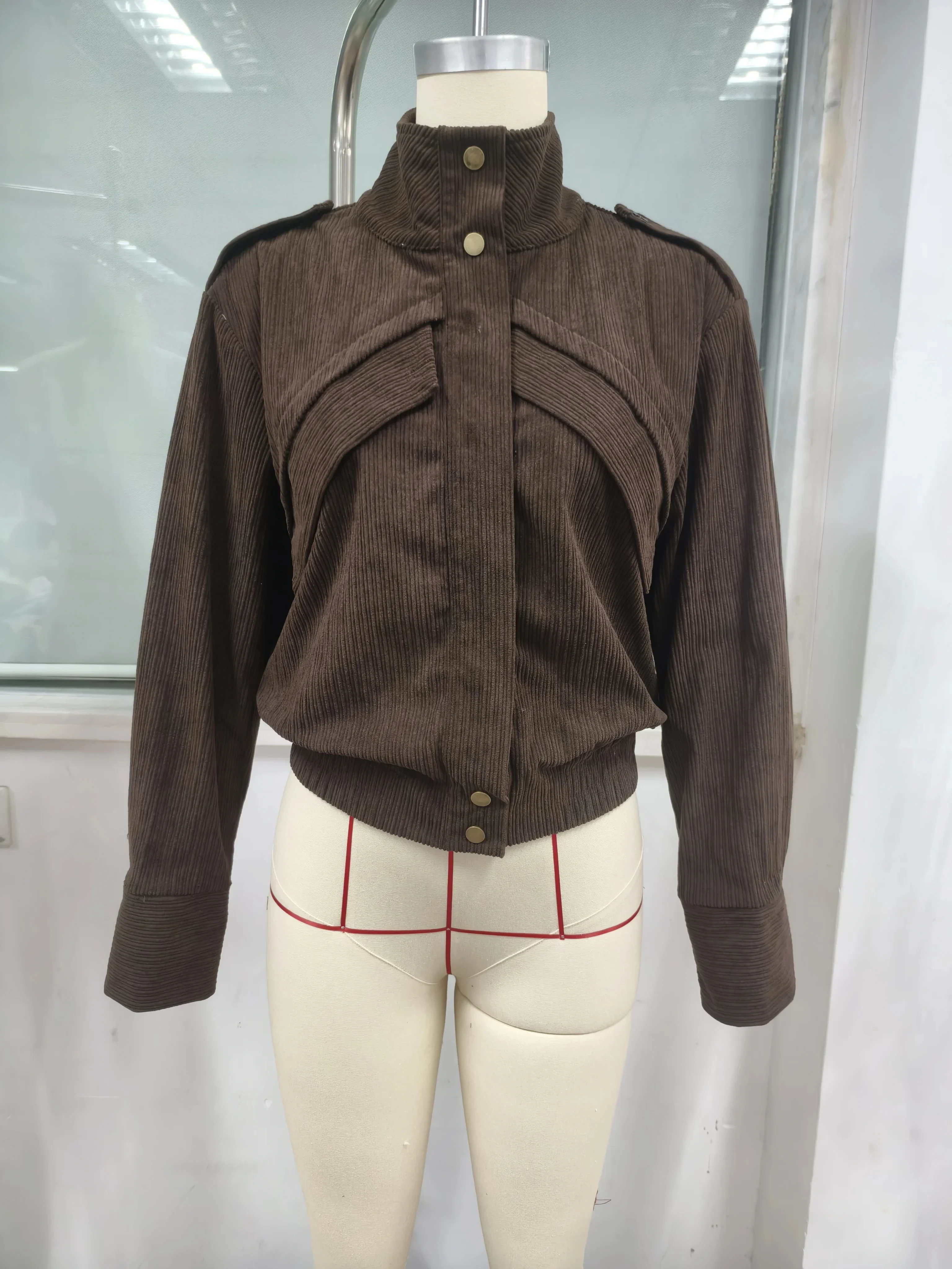 여성용 신상 브라운 재킷 스탠드 칼라 긴 소매 패치워크 싱글 브레스티드 캐주얼 코듀로이 재킷