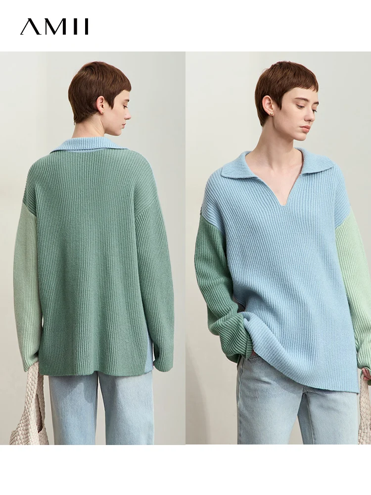 Amii zimowe ubrania damskie 2024 sweter z długim rękawem opadające ramiona dekolt w serek luźne dzianinowe topy Patchwork Office Lady swetry 12444193