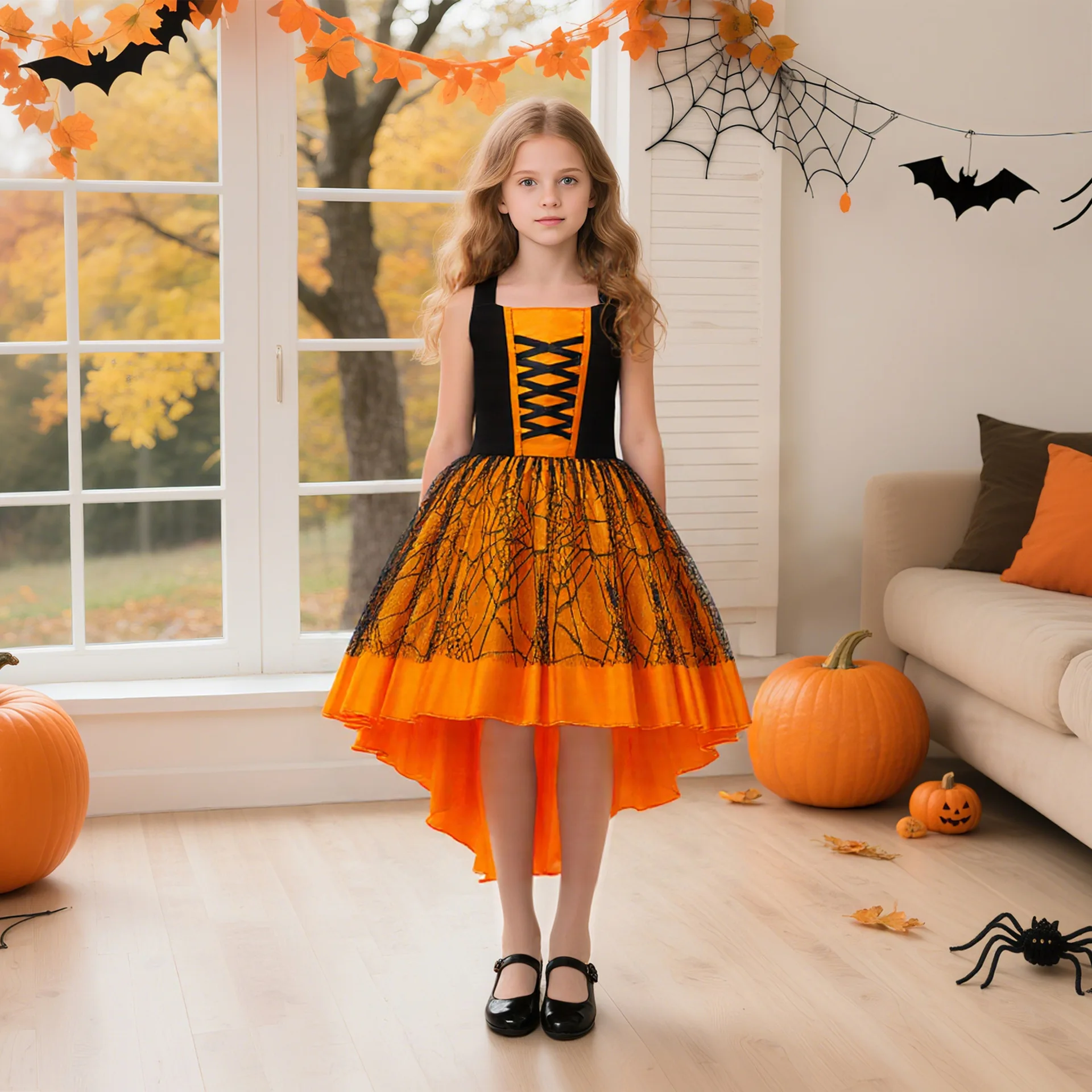 Girl's Witch Costumes Halloween Cosplay Outfits Princess Spider-web Pumpkin Tailed Dress Sleeveless Girls Party Dresses Carnival