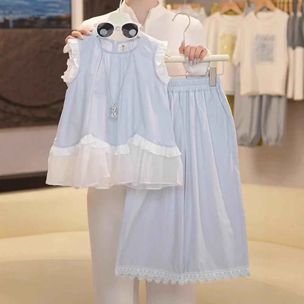 2026 summer girls Clothes Child set lace sleeveless Suit Teen camisole BLOUSE shirt tank top +wide leg pants 4 8 10 12 14 years
