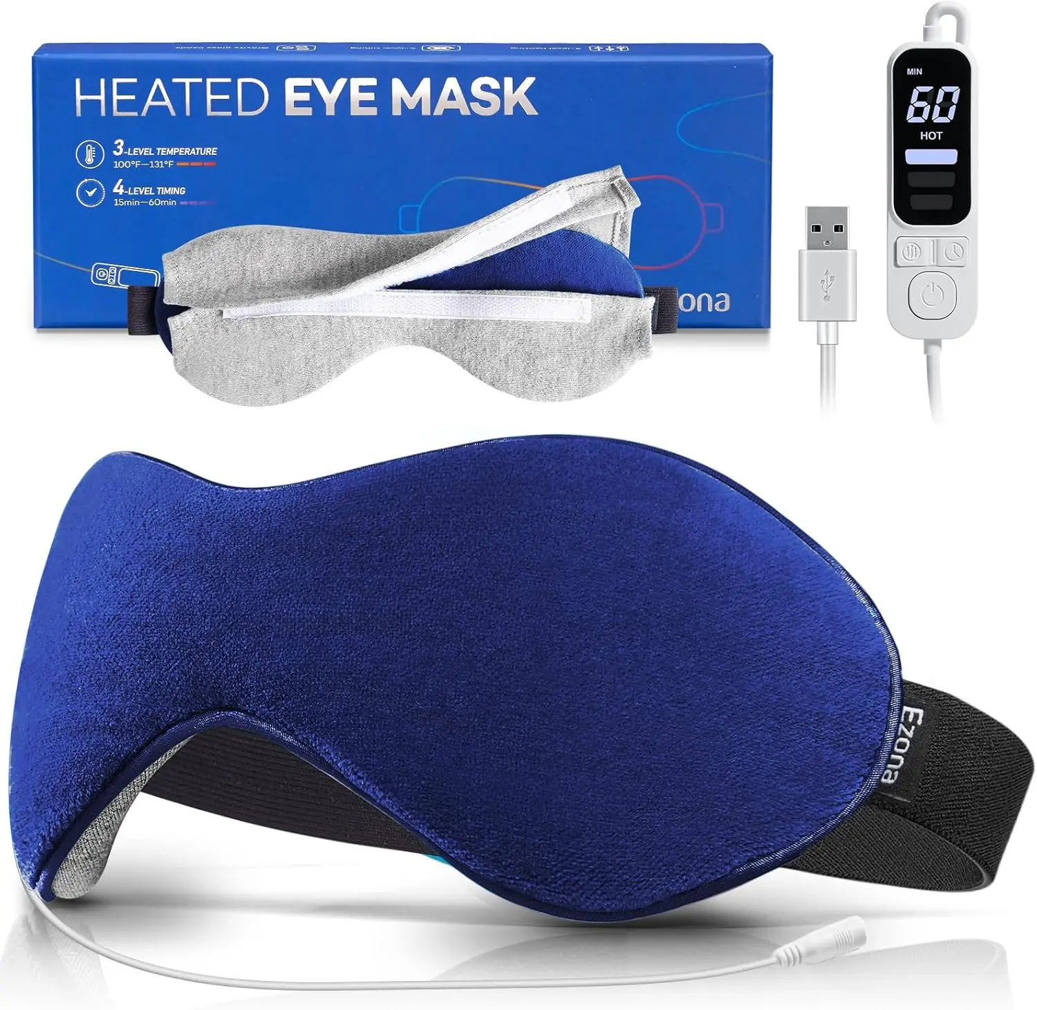 

USB Electric Heated Eye Mask with Temperature & Timer Control for Dry Eyes, Blepharitis, Sinus Migraine Relief - Indigo