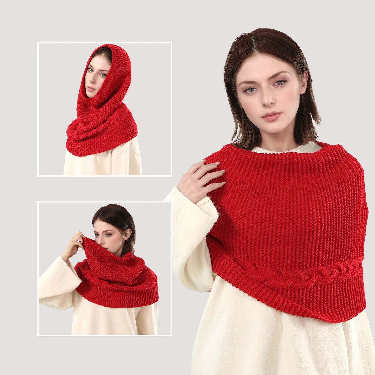 Versatile Hooded Knitted Scarf Winter Cap Neck Warmer Cowl Circle Collar Scarves Solid Color Dual Use Shawl Scarf Outwear Decor