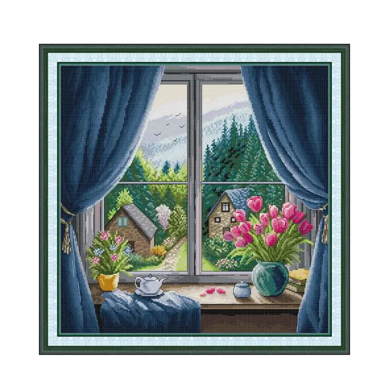 

Tulip Window Sill Cross Stitch Kits Art Crafts HD Pattern Aida 16/14/11CT Counted Stamped Canvas DIY Embroidery Set Home Decor