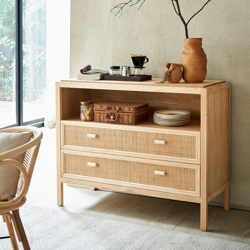 Japanese style household multifunctional sideboard with drawers, modern simple living room, solid wood rattan woven small