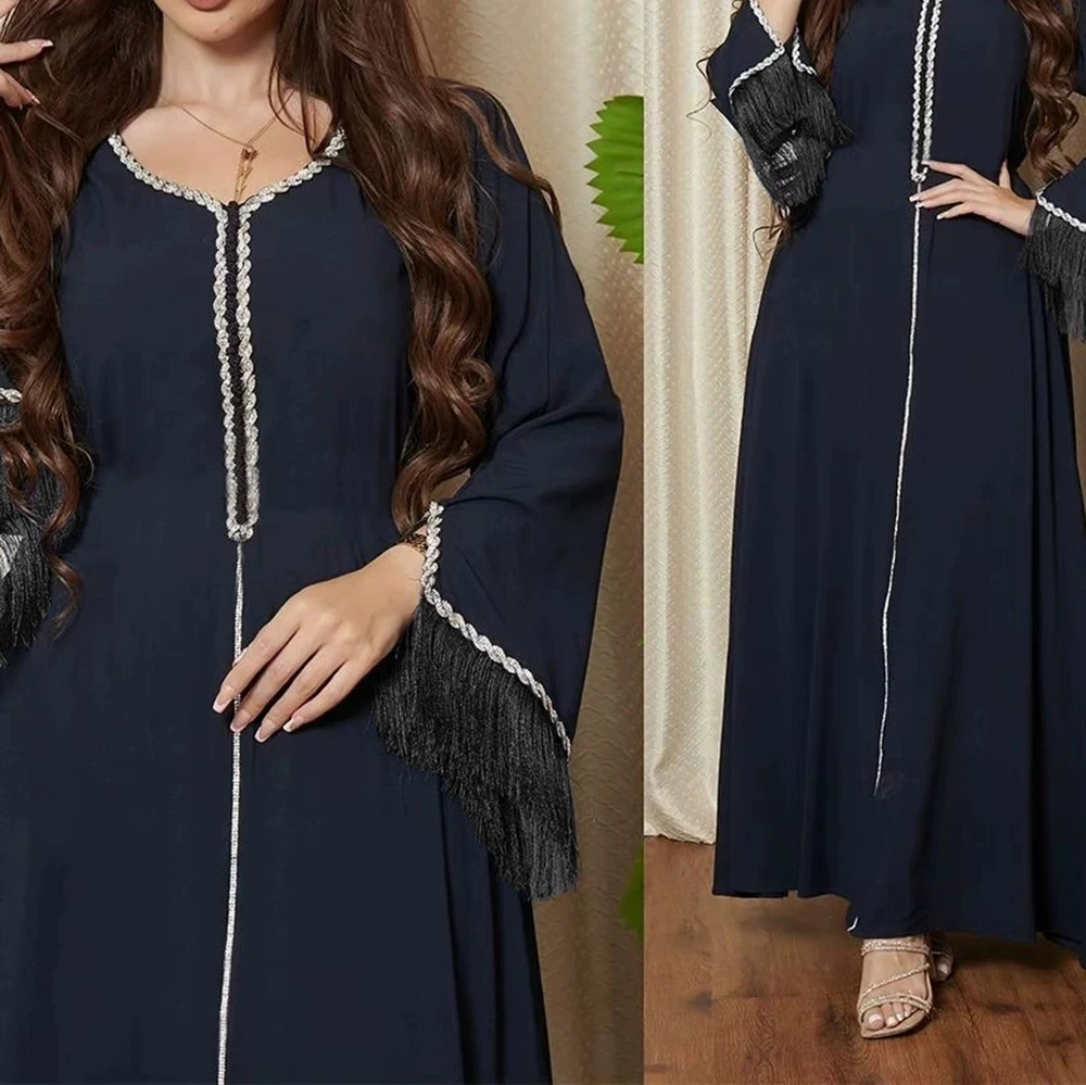 

Muslim Middle Eastern hot diamond dress diamond-studded fashionable tassel stitching robe Dubai Saudi women's clothing-GZXX616