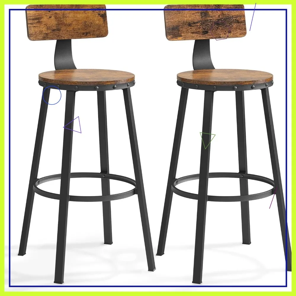 

Industrial Bar Stools Set of 2, 28.9" Counter Height with Back Support, Rustic Brown & Black for Kitchen Island