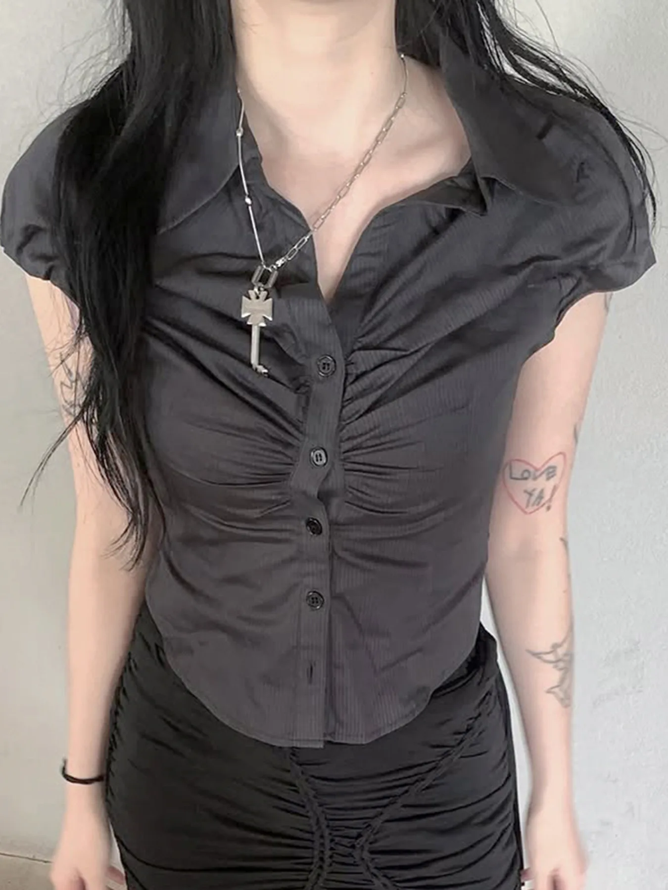 

Korobov Summer Preppy Y2k Streetwear Short Sleeve Solid Slim Single Breasted Patchwork Casual Women Shirt