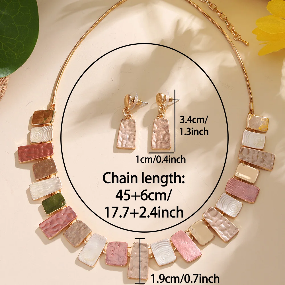 MeiceM Jewelry Set Zinc Alloy Colorful Geometric Square Simple Design Necklace And Earrings Fashion Jewelry Set For Women