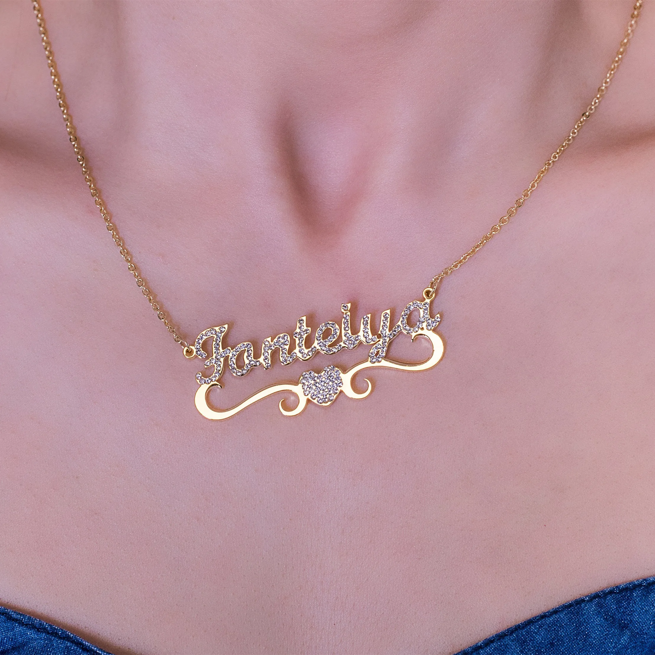 Custom Diamond Name Necklace Hip Pop Personalized Nameplate Pendant Heart Underline Gold Stainless Steel Names Necklace