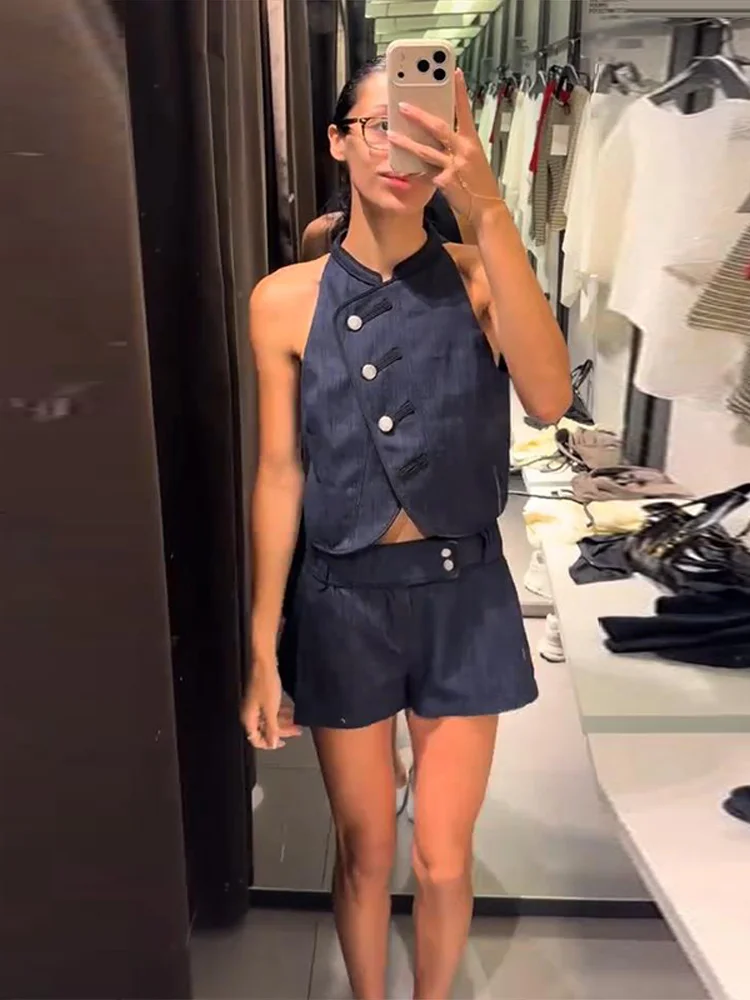 Neue sexy Damen-Partykleidung: Crop-Top mit seitlicher Knopfleiste, ärmellose Neckholder-Weste und Low-Waist-Shorts im Streetwear-Stil – Detail 20