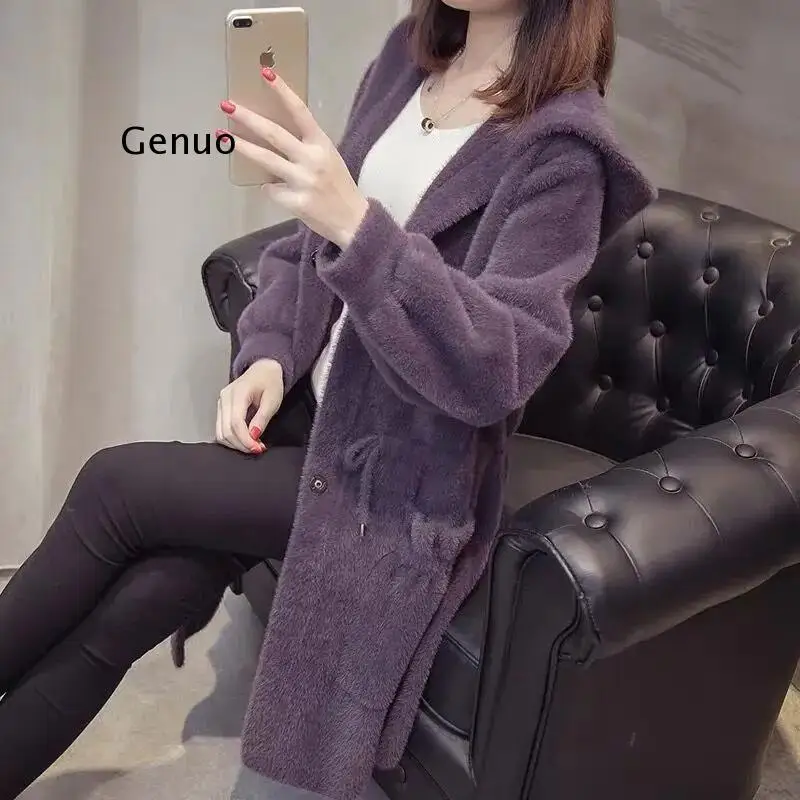 

Autumn Winter New Mink Like Cashmere Coat Women's Cardigan Korean Hooded Loose Medium Length Mink Sweater Coat Thick Clothing