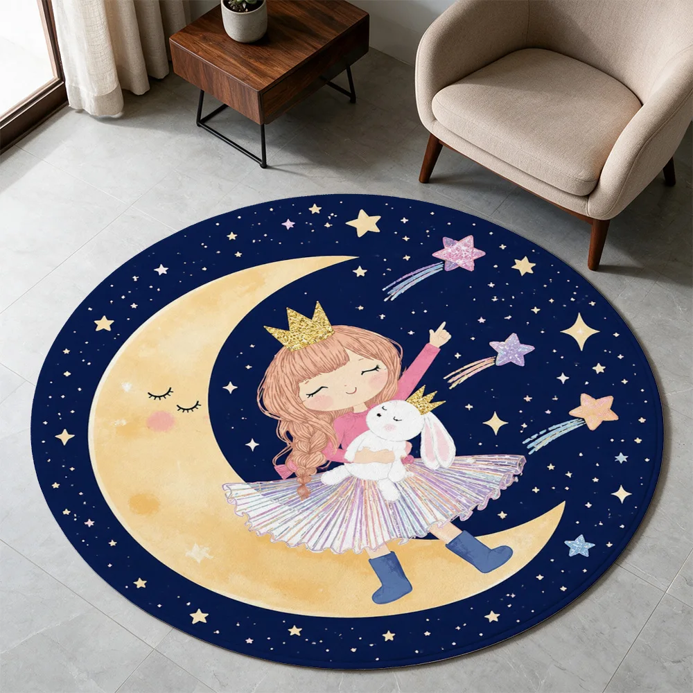 Cute Princess and Bunny Under Crescent Moon Night Sky Area Rug for Kids Nursery Play Mat Decor