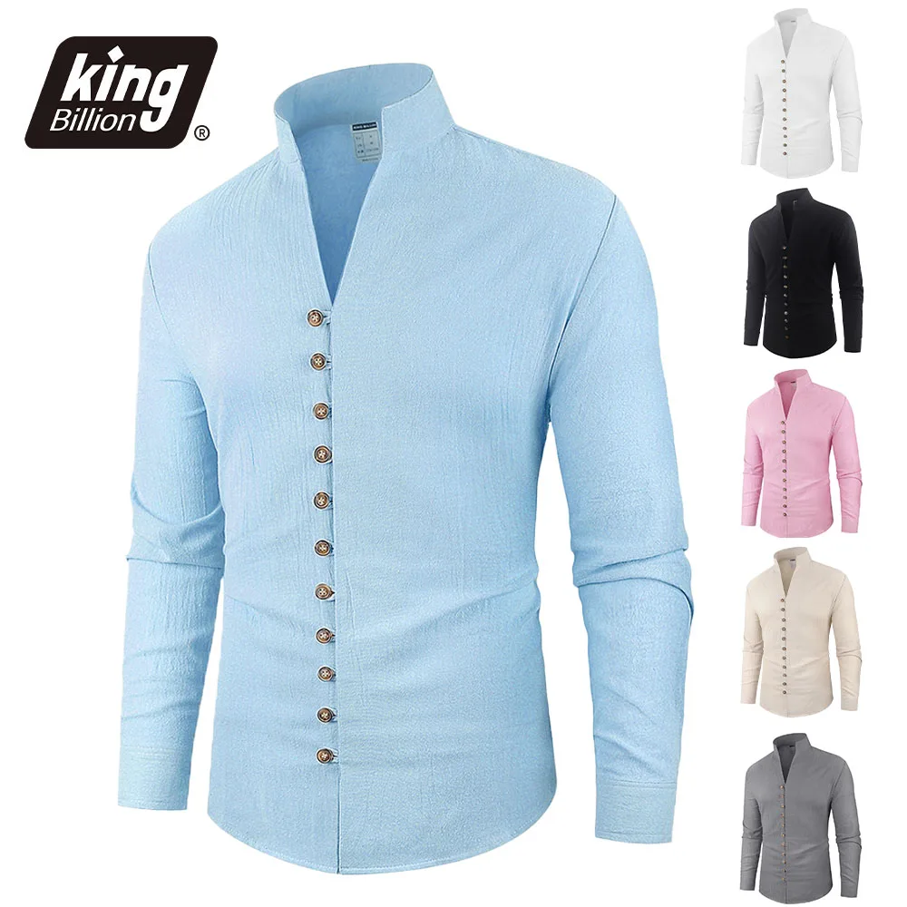

Spring Aututmn Men's Shirt Single Breasted Stylish Henley Neck Cotton Linen Casual Button Tops Simple Style Male Cozy Top