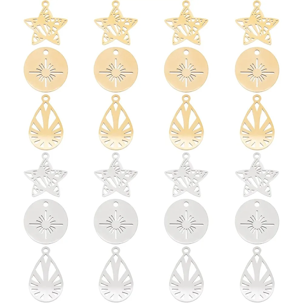 

24Pcs 3 Styles Stainless Steel Pendants Teardrop and Star Charms Color Flat Round Pendant for DIY Craft Jewelry Making Bracelet