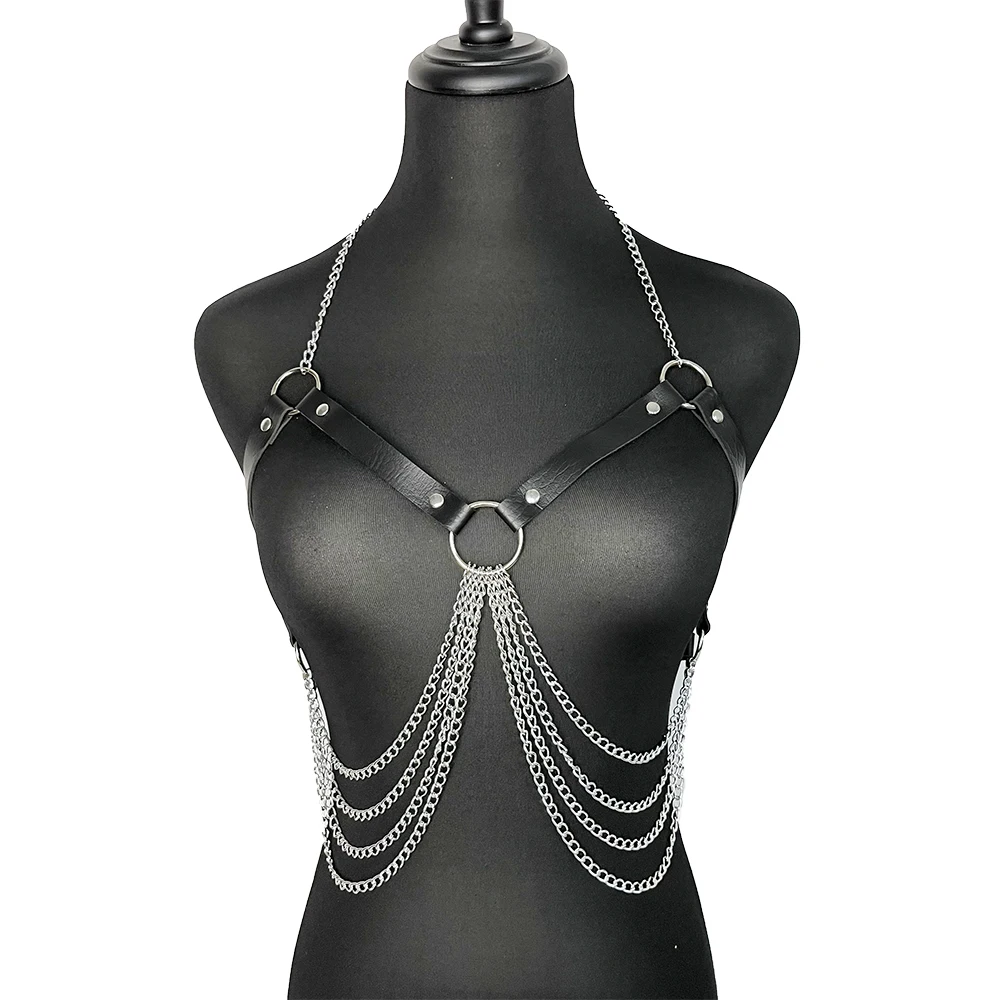 PU Leather Bra Women Metal Chain Lingerie Cage Chest Harness Bondage Waist to Leg Suspender BDSM Nightclub Cosplay Costumes