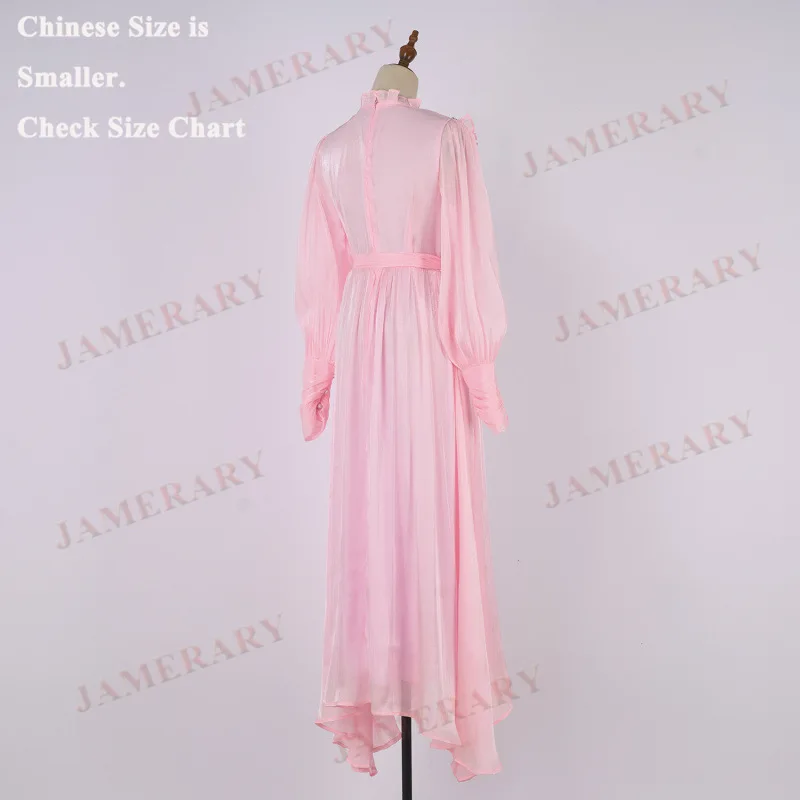 Elegant Autumn Faux Silk Luxury Bead Ruffle Neck Long Sleeve Women Dress Formal Prom Dresses Summer Vestidos