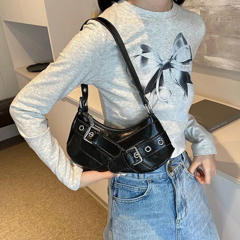 LEFTSIDE Y2K Belt Design Pu Leather Underarm Bags for Women 2024 Trend Fashion Shoulder Bag Lady New Handbags Crossbody Bag